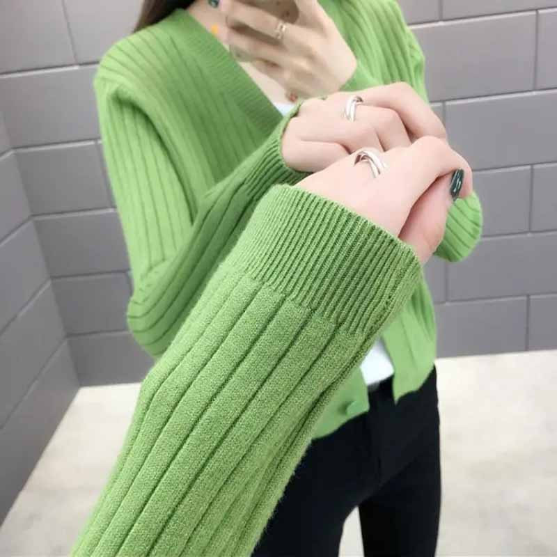 Κορεάτικο στυλ Μασίφ, λεπτή κουρεμένη ζακέτα, Ανοιξιάτικο φθινόπωρο, γυναικείο πουλόβερ με λαιμόκοψη σε λαιμόκοψη, μπουφάν Casual πλεκτό μακρυμάνικο μπλουζάκι