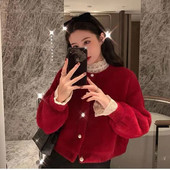 Γυναικεία Γλυκιά απομίμηση Mink Fleece Πλεκτή Ζακέτα Μόδα Vintage Φθινόπωρο Χειμώνας Πέρλες Κουμπιά Κοντό πουλόβερ Γυναικεία ρούχα