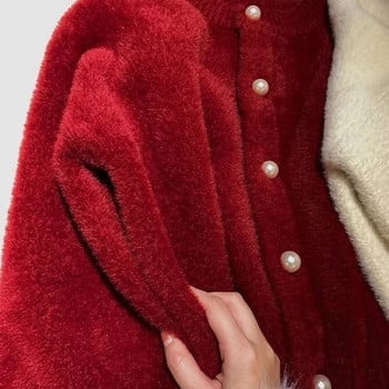 Γυναικεία Γλυκιά απομίμηση Mink Fleece Πλεκτή Ζακέτα Μόδα Vintage Φθινόπωρο Χειμώνας Πέρλες Κουμπιά Κοντό πουλόβερ Γυναικεία ρούχα