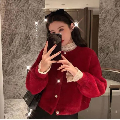 Γυναικεία Γλυκιά απομίμηση Mink Fleece Πλεκτή Ζακέτα Μόδα Vintage Φθινόπωρο Χειμώνας Πέρλες Κουμπιά Κοντό πουλόβερ Γυναικεία ρούχα