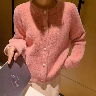 Γυναικεία Γλυκιά απομίμηση Mink Fleece Πλεκτή Ζακέτα Μόδα Vintage Φθινόπωρο Χειμώνας Πέρλες Κουμπιά Κοντό πουλόβερ Γυναικεία ρούχα
