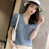 Καλοκαιρινό ελαφρύ και αναπνεύσιμο πουλόβερ από μετάξι από πάγο Τάση μόδας V-λαιμόκοψη φαρδιά κοντά μανίκια Μασίφ Κομψά γυναικεία μπλουζάκια πλέξιμο