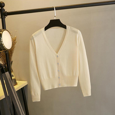 Pleteni bijeli kardigan od ledene svile Ljetni ženski džemper s V izrezom Jednobojni tanki široki šal Kaput za zaštitu od sunca za pješčanu plažu Raznobojni gornji dio