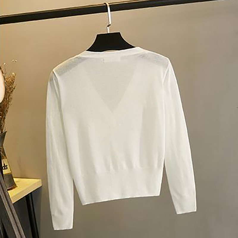 Pleteni bijeli kardigan od ledene svile Ljetni ženski džemper s V izrezom Jednobojni tanki široki šal Kaput za zaštitu od sunca za pješčanu plažu Raznobojni gornji dio