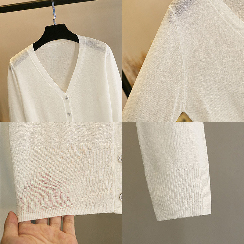 Pleteni bijeli kardigan od ledene svile Ljetni ženski džemper s V izrezom Jednobojni tanki široki šal Kaput za zaštitu od sunca za pješčanu plažu Raznobojni gornji dio