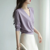 Καλοκαιρινό New Mage Gentle Wind Purple Πλεκτό πουλόβερ Κομψό με λαιμόκοψη με μαργαριταρένιο μισό μανίκι Top Loose casual γυναικείο πουλόβερ