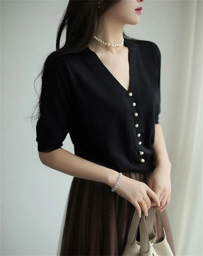 Καλοκαιρινό New Mage Gentle Wind Purple Πλεκτό πουλόβερ Κομψό με λαιμόκοψη με μαργαριταρένιο μισό μανίκι Top Loose casual γυναικείο πουλόβερ