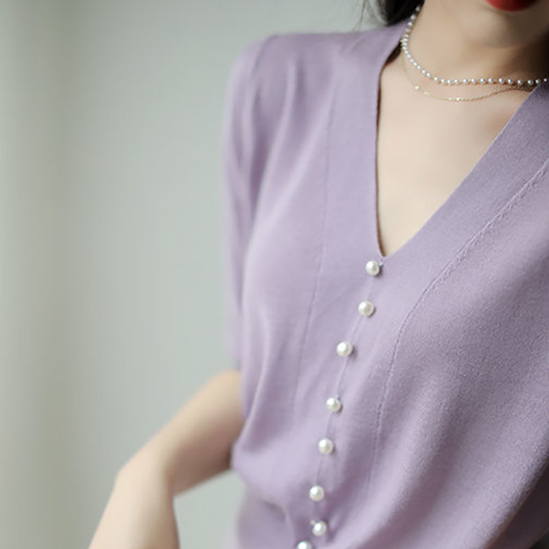 Καλοκαιρινό New Mage Gentle Wind Purple Πλεκτό πουλόβερ Κομψό με λαιμόκοψη με μαργαριταρένιο μισό μανίκι Top Loose casual γυναικείο πουλόβερ