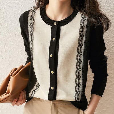 Cardigan cu margine din dantelă pentru femei, nou pulover cu gâtul în formă de O, elegant, cu mâneci lungi, tricotat, top, toamnă, haină mică cu parfum