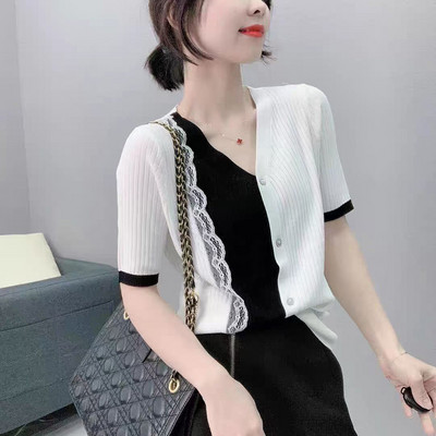 Κομψό κοντομάνικο πουλόβερ με λαιμόκοψη V-λαιμόκοψη, κομψή λεπτή δαντέλα, γυναικεία πλεκτή ζακέτα, χαλαρά, casual γυναικεία μπλουζάκια