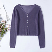 Καλοκαιρινό νέο αντηλιακό Ice Silk πλεκτό πουλόβερ Απλή περιστασιακή μόδα Γυναικείο πουλόβερ μονόχρωμο Κομψή γυναικεία ζακέτα με λαιμόκοψη σε V