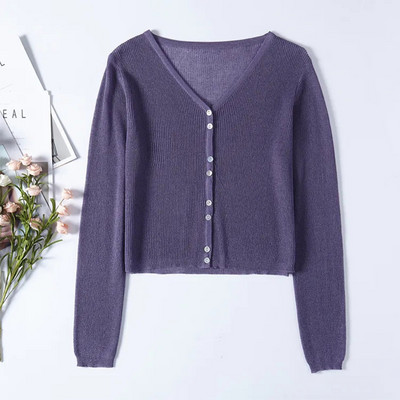 Καλοκαιρινό νέο αντηλιακό Ice Silk πλεκτό πουλόβερ Απλή περιστασιακή μόδα Γυναικείο πουλόβερ μονόχρωμο Κομψή γυναικεία ζακέτα με λαιμόκοψη σε V