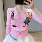 Κορεάτικη μόδα Ροζ ζακέτα Λεπτό μπουφάν Γυναικεία Γλυκό χαριτωμένο κουνέλι κινουμένων σχεδίων κέντημα μακρυμάνικο πλεκτό πουλόβερ κοντά εξωτερικά ενδύματα