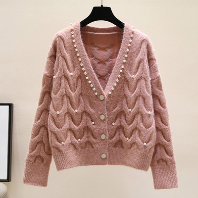 Πλεκτό πουλόβερ με γλυκές χάντρες με λαιμόκοψη V Κορεατική μόδα Kawaii Casual Jacket Ζακέτα Φαρδύ παλτό μονόχρωμο ιδιοσυγκρασία Γυναικείο τοπ