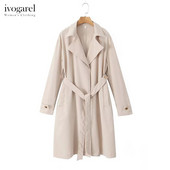 Ivogarel ženski elegantni bostonski opušteni trenč kaput pripijenog i opuštenog stila, zlatni gumbi, džepovi sa bočnim šavovima, samotkana kravata