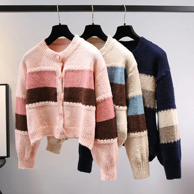 Harajuku Fashion Splice Design Kampsun Cardigan Naiste avar lühike mantel, ümmargune kaelus, värvi blokeeriv kevad-sügis kootud jakk