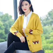 Argyle Pattern Splice Knit Oversized Ζακέτα Κομψό πουλόβερ τσέπης Γυναικείο μπουφάν Άνοιξη Φθινόπωρο πολύχρωμο παλτό με λαιμόκοψη σε V λαιμόκοψη