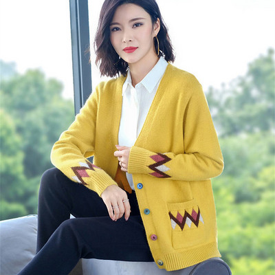 Argyle Pattern Splice Knit Oversized Ζακέτα Κομψό πουλόβερ τσέπης Γυναικείο μπουφάν Άνοιξη Φθινόπωρο πολύχρωμο παλτό με λαιμόκοψη σε V λαιμόκοψη