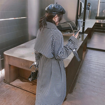 Μαύρο Λευκό Houndstooth Trench Coat Γυναικεία Άνοιξη και Φθινόπωρο 2022 Νέο Μακρύ παλτό πάνω από το γόνατο στη μέση με λουράκι σε δυτικό στιλ δημοφιλές