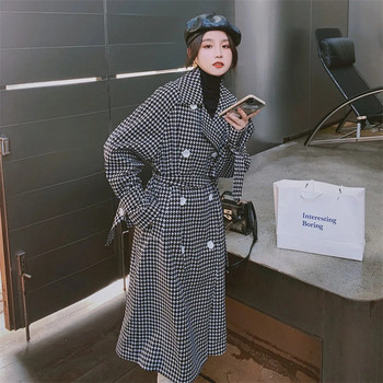 Μαύρο Λευκό Houndstooth Trench Coat Γυναικεία Άνοιξη και Φθινόπωρο 2022 Νέο Μακρύ παλτό πάνω από το γόνατο στη μέση με λουράκι σε δυτικό στιλ δημοφιλές