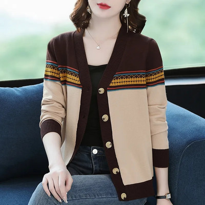 Ριγέ πλεκτή ζακέτα με μακρυμάνικο V λαιμόκοψη Γυναικείο πουλόβερ Κομψό χρώμα που ταιριάζει ανοιξιάτικο φθινόπωρο μπουφάν Κορεατικής μόδας πλεκτό τοπ