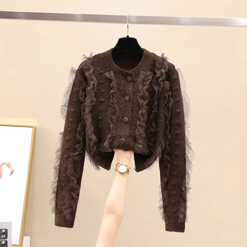 Κορεάτικο στυλ Γλυκό Πλεκτό Πλεκτό Πουλόβερ Casual Μόδα Διχτυωτό Ζακέτα με στρογγυλή λαιμόκοψη Γυναικείο πουλόβερ με μακριά μανίκια
