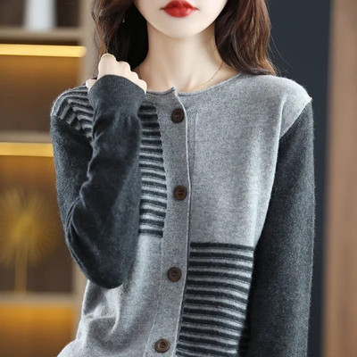 Pavasario rudens naujas megztas megztinis apvalia kakle Laisvas plonas dryžuotas moteriškas megztas paltas Laisvalaikio mados Elegantiškas moteriškas švarkas megztinis