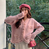 Elegantni pleteni kardigan korejskog modnog dizajna s resama Proljetni i jesenski kardigan džemper s V izrezom Kaput s jednim kopčanjem Ženske majice