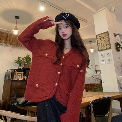 Elegantni pleteni kardigan korejskog modnog dizajna s resama Proljetni i jesenski kardigan džemper s V izrezom Kaput s jednim kopčanjem Ženske majice