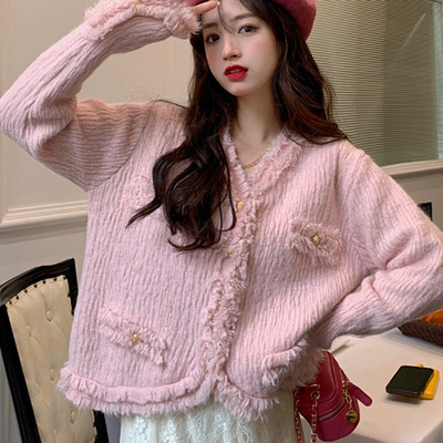 Elegantni pleteni kardigan korejskog modnog dizajna s resama Proljetni i jesenski kardigan džemper s V izrezom Kaput s jednim kopčanjem Ženske majice