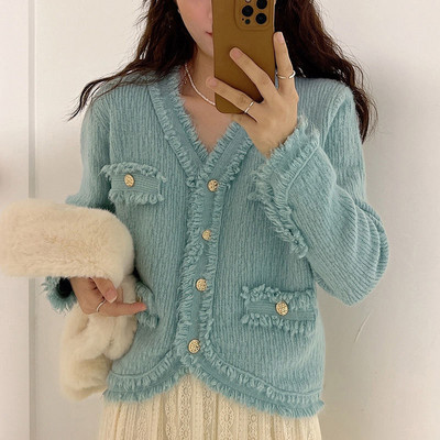 Elegantni pleteni kardigan korejskog modnog dizajna s resama Proljetni i jesenski kardigan džemper s V izrezom Kaput s jednim kopčanjem Ženske majice