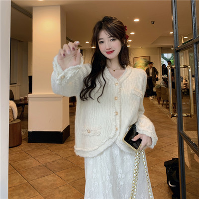 Elegantni pleteni kardigan korejskog modnog dizajna s resama Proljetni i jesenski kardigan džemper s V izrezom Kaput s jednim kopčanjem Ženske majice