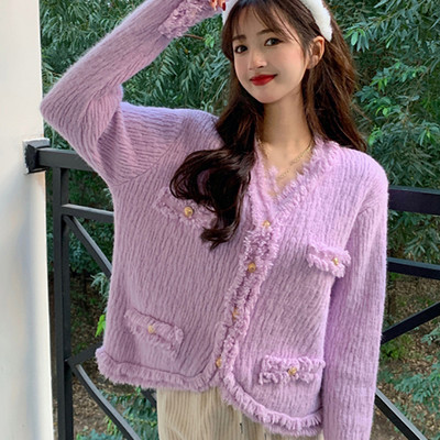 Elegantni pleteni kardigan korejskog modnog dizajna s resama Proljetni i jesenski kardigan džemper s V izrezom Kaput s jednim kopčanjem Ženske majice