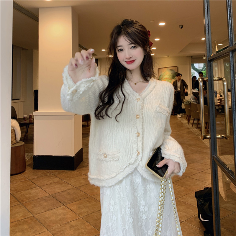 Elegantni pleteni kardigan korejskog modnog dizajna s resama Proljetni i jesenski kardigan džemper s V izrezom Kaput s jednim kopčanjem Ženske majice