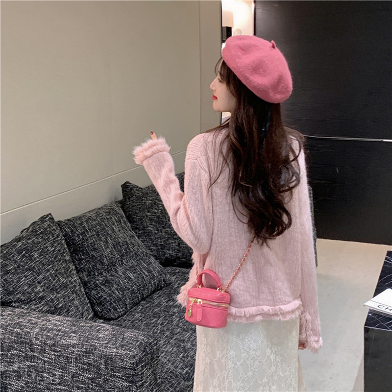 Elegantni pleteni kardigan korejskog modnog dizajna s resama Proljetni i jesenski kardigan džemper s V izrezom Kaput s jednim kopčanjem Ženske majice