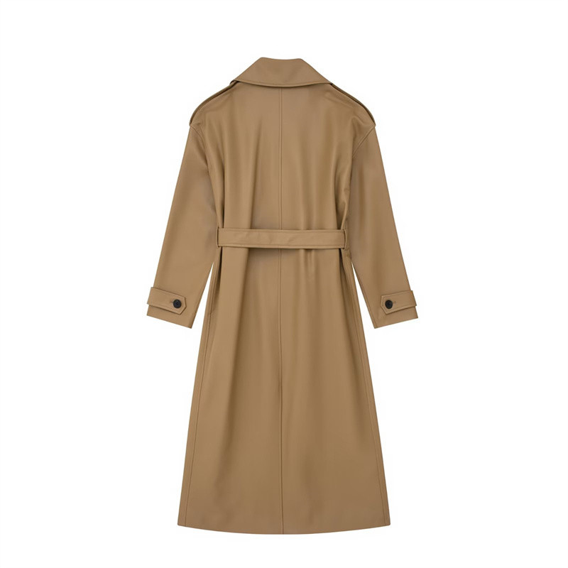 Ženski modni smeđi kožni dugi trenč kaput 2023. Proljeće 2023. Ženski jednobojni ravni pojasevi Pu vjetrovka Ženska vrhunska odjeća