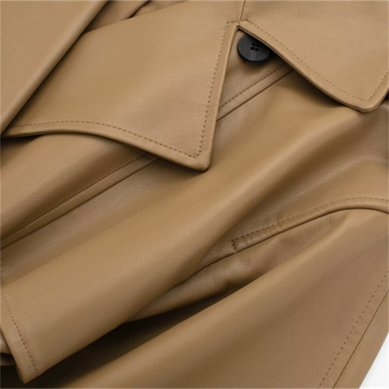 Ženski modni smeđi kožni dugi trenč kaput 2023. Proljeće 2023. Ženski jednobojni ravni pojasevi Pu vjetrovka Ženska vrhunska odjeća