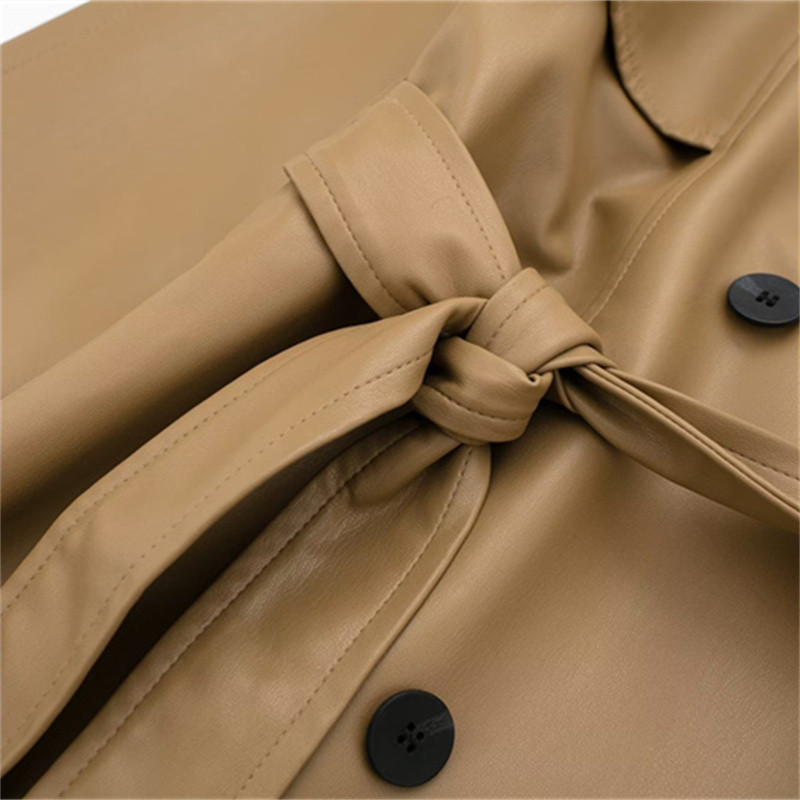 Ženski modni smeđi kožni dugi trenč kaput 2023. Proljeće 2023. Ženski jednobojni ravni pojasevi Pu vjetrovka Ženska vrhunska odjeća