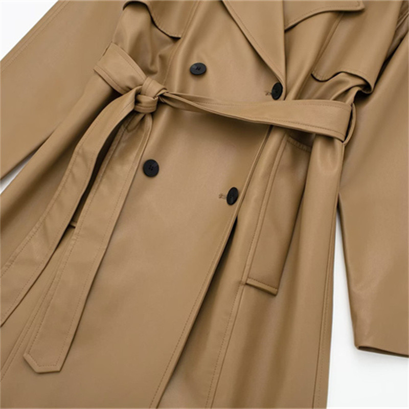 Ženski modni smeđi kožni dugi trenč kaput 2023. Proljeće 2023. Ženski jednobojni ravni pojasevi Pu vjetrovka Ženska vrhunska odjeća