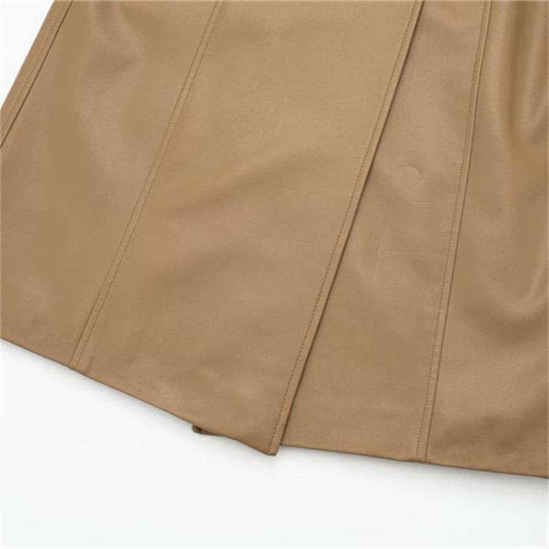 Ženski modni smeđi kožni dugi trenč kaput 2023. Proljeće 2023. Ženski jednobojni ravni pojasevi Pu vjetrovka Ženska vrhunska odjeća