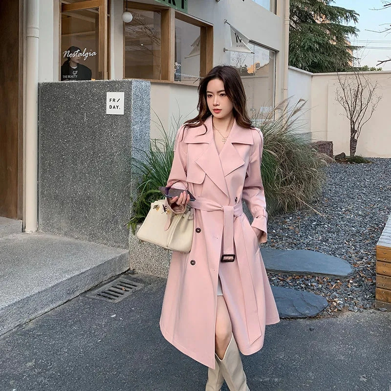 Novi ženski trenč kaput s dvostrukim kopčanjem na vezanje 2023. Ružičasta duga vjetrovka Korejska modna ležerna prevelika jakna Ulična odjeća