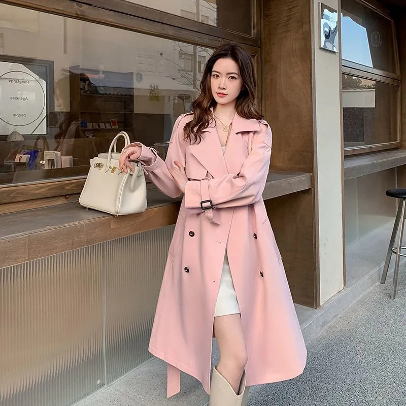 Novi ženski trenč kaput s dvostrukim kopčanjem na vezanje 2023. Ružičasta duga vjetrovka Korejska modna ležerna prevelika jakna Ulična odjeća