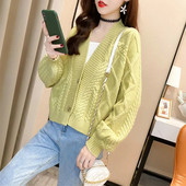 Kõrge vöökohaga lühike kootud kardigan naiste pikkade varrukatega üherealine kampsun, väike jope, mood, magus kevad sügis, uus kootud