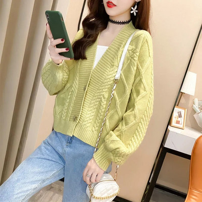 Kõrge vöökohaga lühike kootud kardigan naiste pikkade varrukatega üherealine kampsun, väike jope, mood, magus kevad sügis, uus kootud