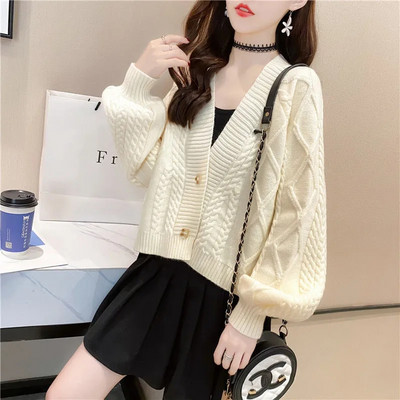 Kõrge vöökohaga lühike kootud kardigan naiste pikkade varrukatega üherealine kampsun, väike jope, mood, magus kevad sügis, uus kootud