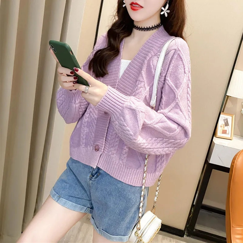 Kõrge vöökohaga lühike kootud kardigan naiste pikkade varrukatega üherealine kampsun, väike jope, mood, magus kevad sügis, uus kootud