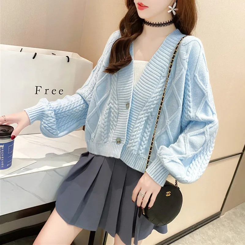 Kõrge vöökohaga lühike kootud kardigan naiste pikkade varrukatega üherealine kampsun, väike jope, mood, magus kevad sügis, uus kootud