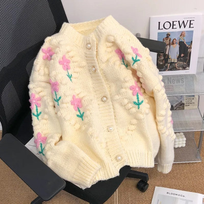 Κορεατικά λουλούδια μόδας τύπωμα πλεκτό πουλόβερ Γυναικείο μπουφάν Φθινοπωρινό χειμώνα O-λαιμόκοψη μακριά μανίκια φαρδιά ζακέτα πλεκτά