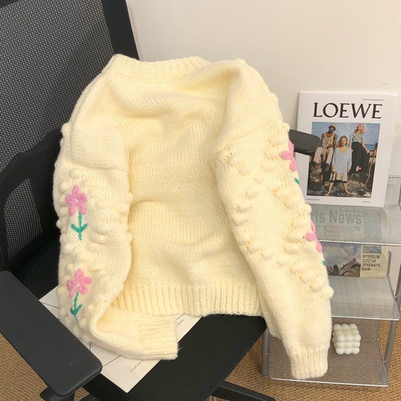 Κορεατικά λουλούδια μόδας τύπωμα πλεκτό πουλόβερ Γυναικείο μπουφάν Φθινοπωρινό χειμώνα O-λαιμόκοψη μακριά μανίκια φαρδιά ζακέτα πλεκτά