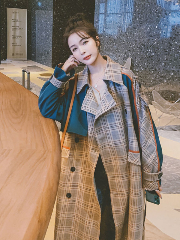 Kontrastvärv ruuduline lapikujuline kraavi keskmise pikkusega mantel Kevad-sügis Naiste Tuulejope šikk riided Naiste Trench Jope Välisrõivad